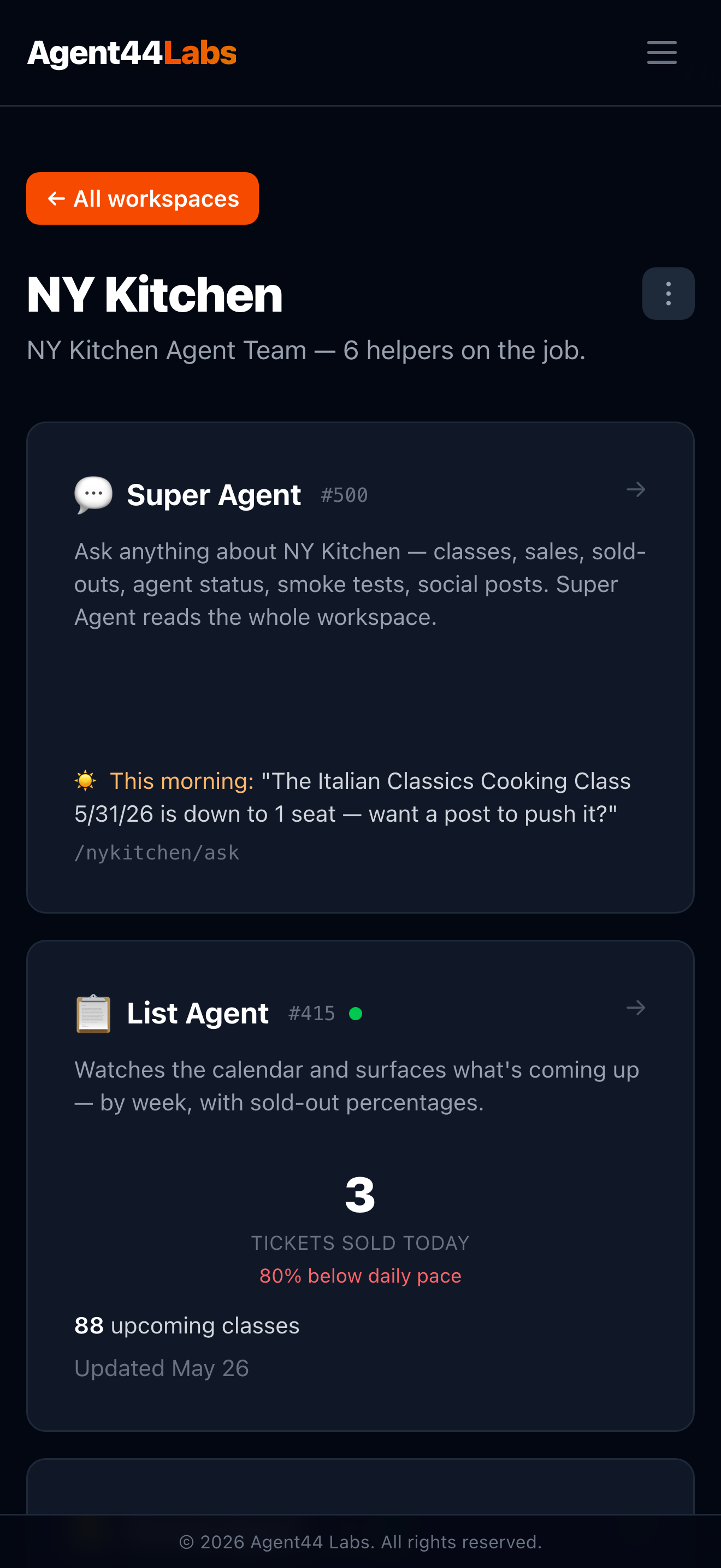 NY Kitchen workspace on iPhone with five active Agent44 Labs agents